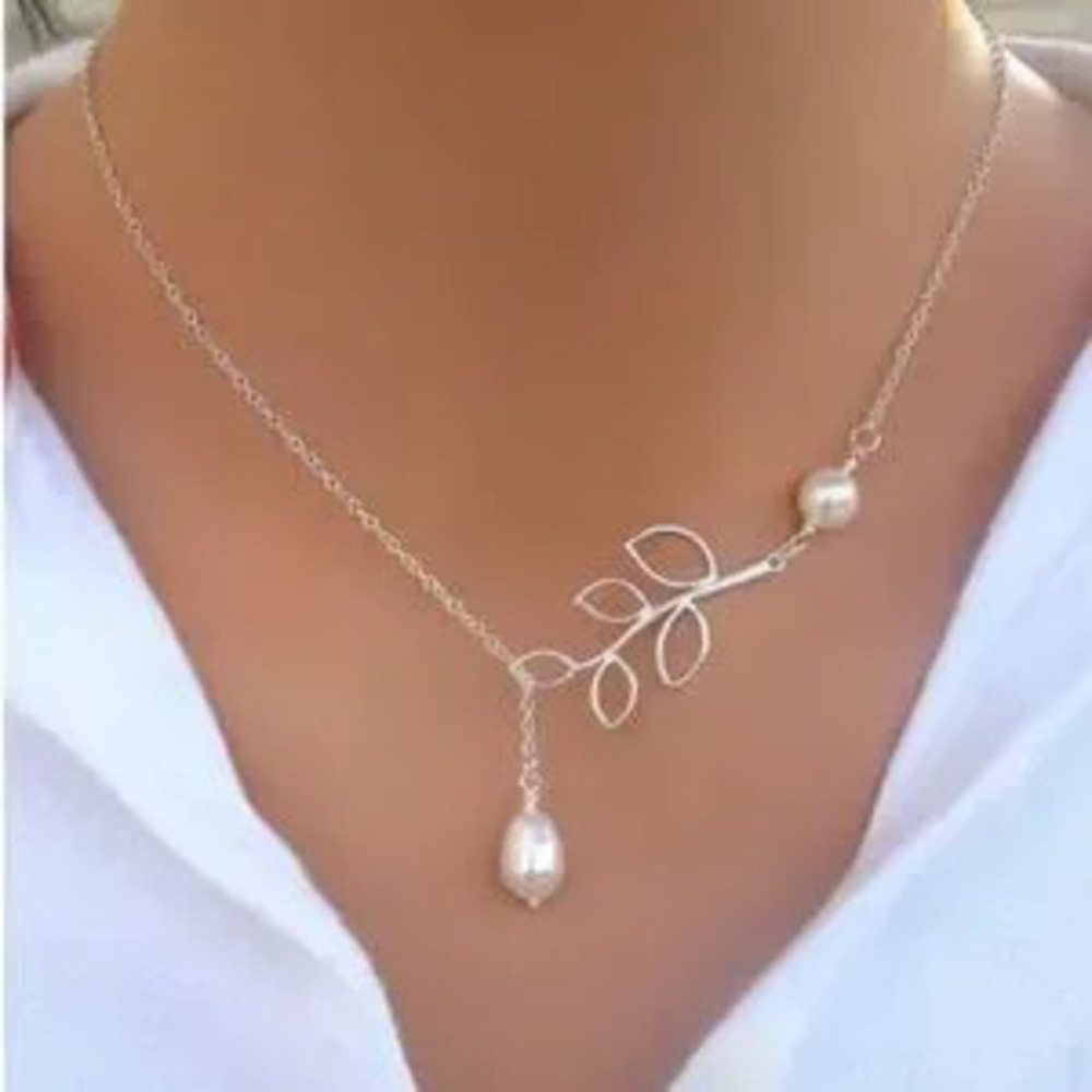 Silver Pearl Leaf Lariat Necklace
